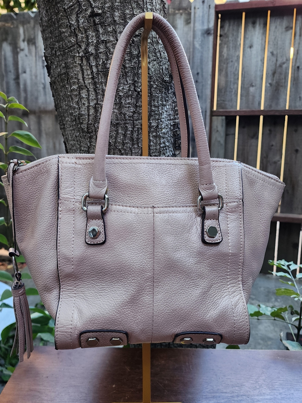 Tignanello Pebbled Leather Satchel Bag Metallic Rose Blush Pink Tote Pocket